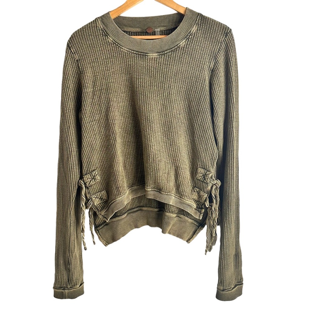 Free People One Interlaken Cropped Thermal Army Green Waffle Long Sleeve Top
